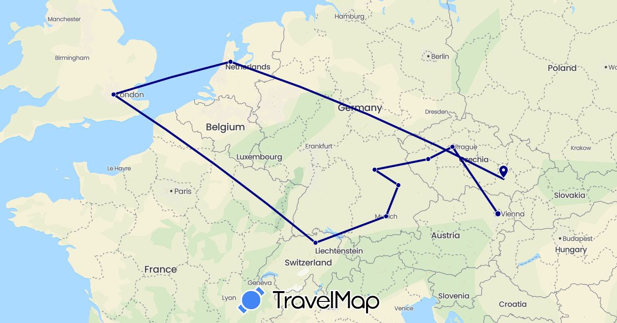 TravelMap itinerary: driving in Austria, Switzerland, Czech Republic, Germany, United Kingdom, Netherlands (Europe)