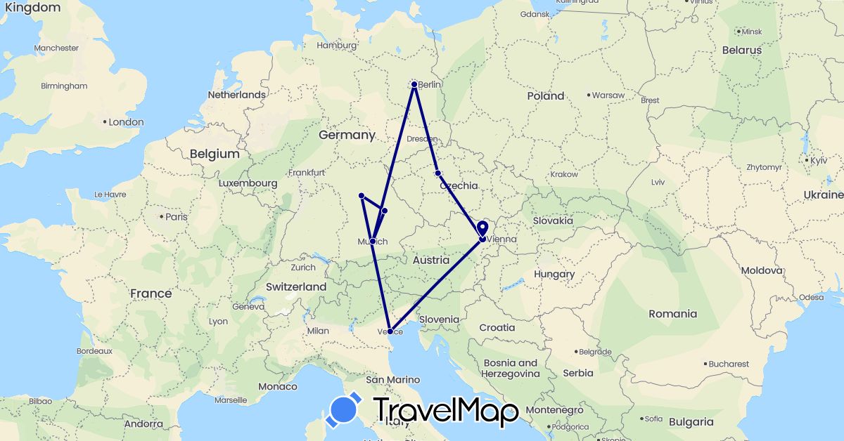 TravelMap itinerary: driving in Austria, Czech Republic, Germany, Italy (Europe)